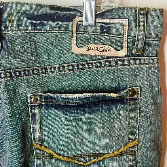 Plugg Distressed Denim Jeans Mens 36x30 Blue Y2K Skater Straight Leg - Picture 5 of 10